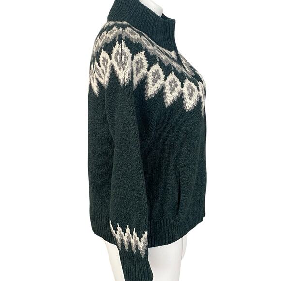 L.L. BEAN Women’s XL Petite Fair Isle Sweater 100 % Lambs Wool Green Full Zip - Picture 7 of 10